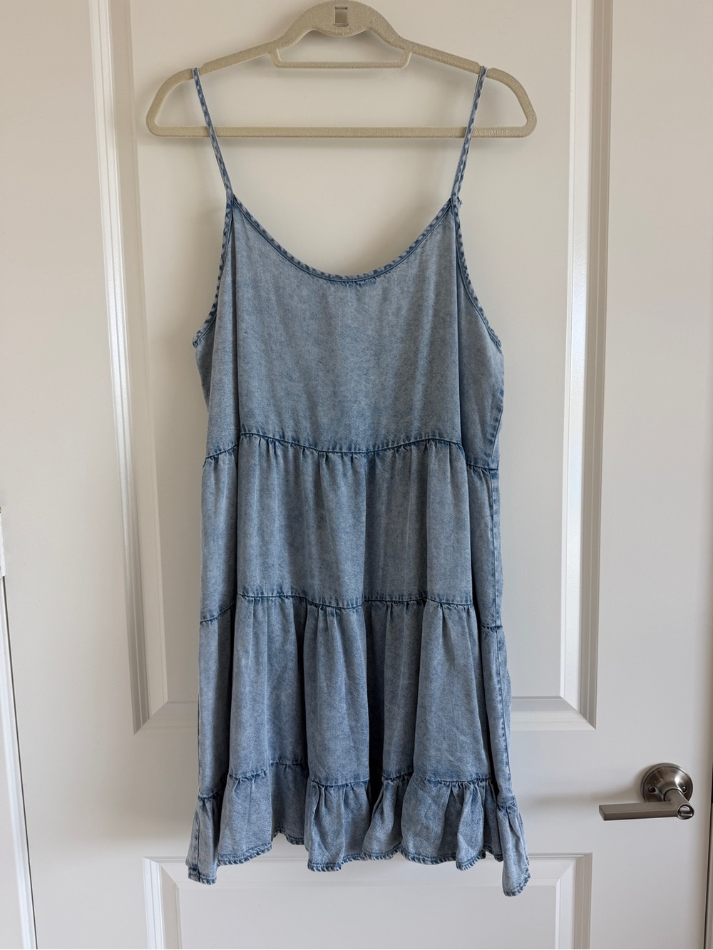 Vici Light Blue Denim-Look Tiered Spaghetti Strap Dress